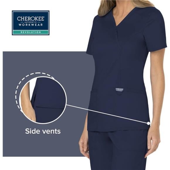 Scrubs Top for Women Mock Wrap with 3 Pockets, Soft, 2-Way Stretch - Picture 4 of 7